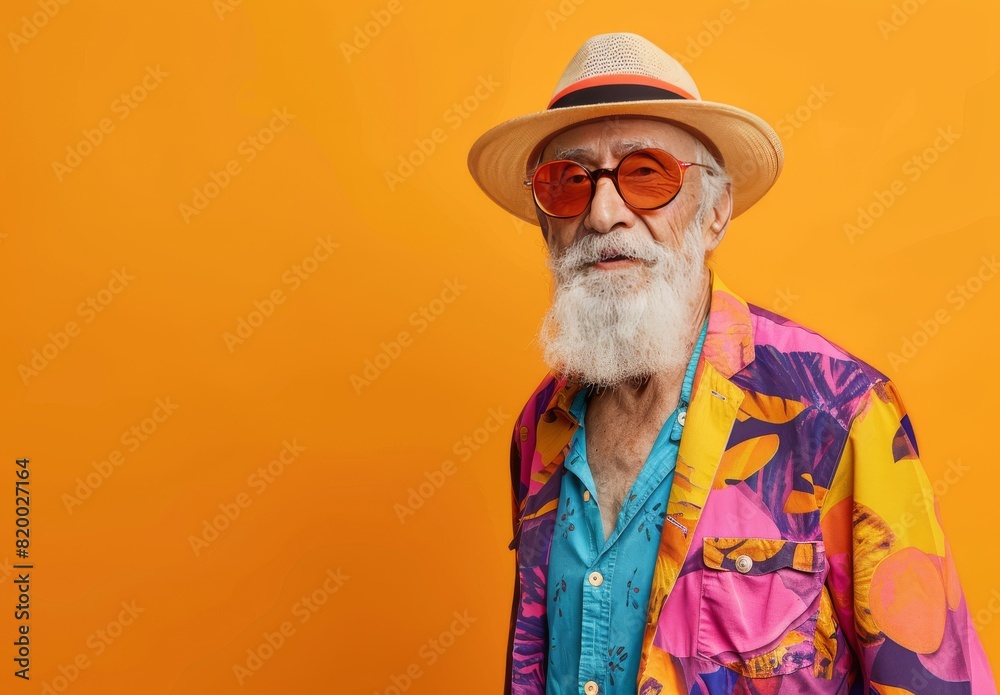 A stylish elderly man in vibrant modern attire poses against an orange backdrop, with space for text.
