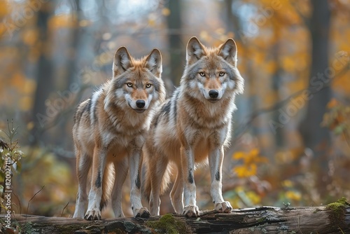 Illustration of two young wolves standing on a log in the woods, high quality, high resolution
