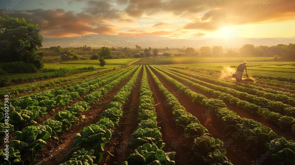 Lush farm field, farmer harvesting crops, wideangle, picturesque rows of vegetables, sunset glow, serene, hardworking atmosphere