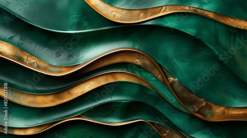 Luxurious green and gold abstract waves, rich textures and elegant flow