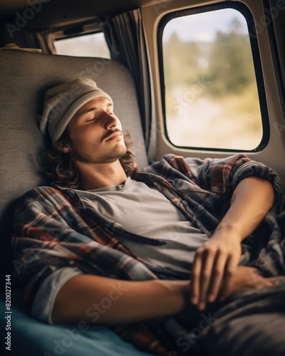 A young man with long hair and a beanie relaxes in a cozy van with his eyes closed, enjoying a peaceful moment near the window. © InnovPixel