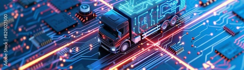 Illustration of an electric truck symbol overlaid on an electronic mainboard background with AI emblem, representing AIdriven logistics innovation