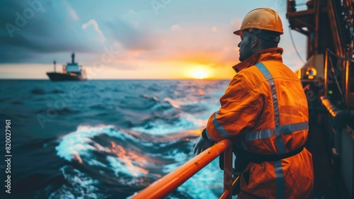 Worker in safety gear watching cargo ship at sea during sunset