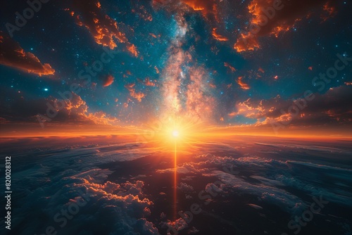 Featuring a the sun rising over the earth and milky way, high quality, high resolution