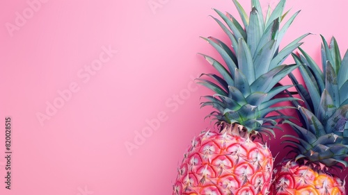 Two pineapples against pink background  one with unusual skin