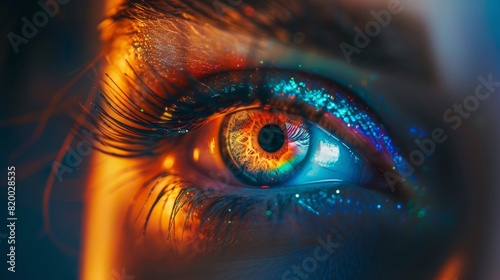 An augmented reality image of a human eye illuminated with colorful lights in the future
