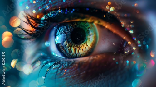 An augmented reality image of a human eye illuminated with colorful lights in the future