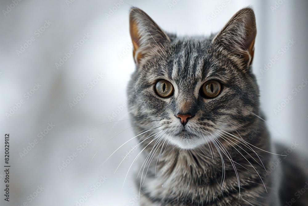 A grey cat is looking at the camera on a white background