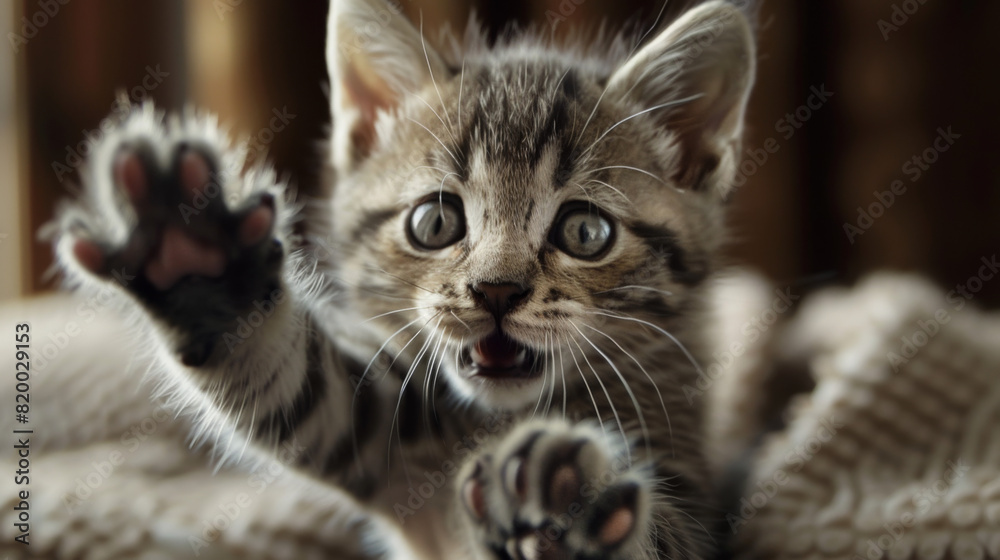 Obraz premium kitten swatting at the camera in a cute and playful manner