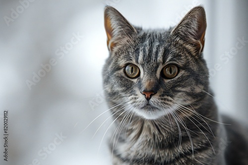 A grey cat is looking at the camera on a white background
