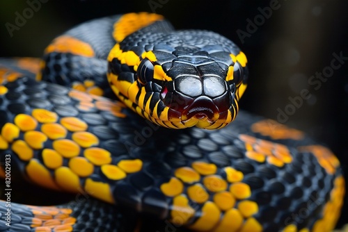 Black and yellow snake with dark background, high quality, high resolution