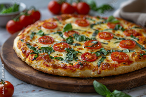 Fresh Margherita Pizza with Tomatoes and Basil on Rustic Wooden Board