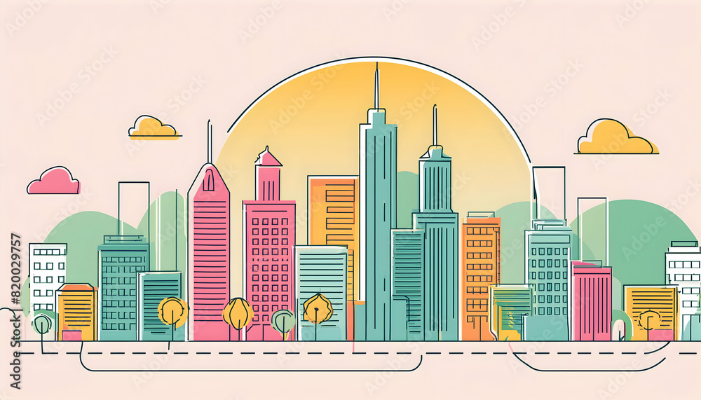 City scape with continuous one line style on digital art concept. City scape with continuous one line style on digital art concept.