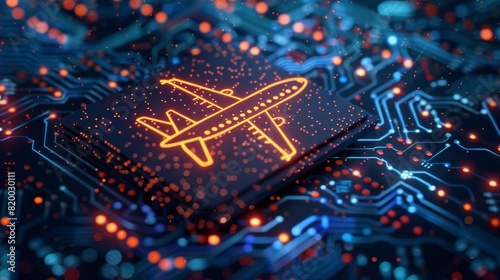 Illustration of an electric jet plane symbol overlaid on an electronic mainboard background with AI emblem, representing AIdriven aviation innovation photo