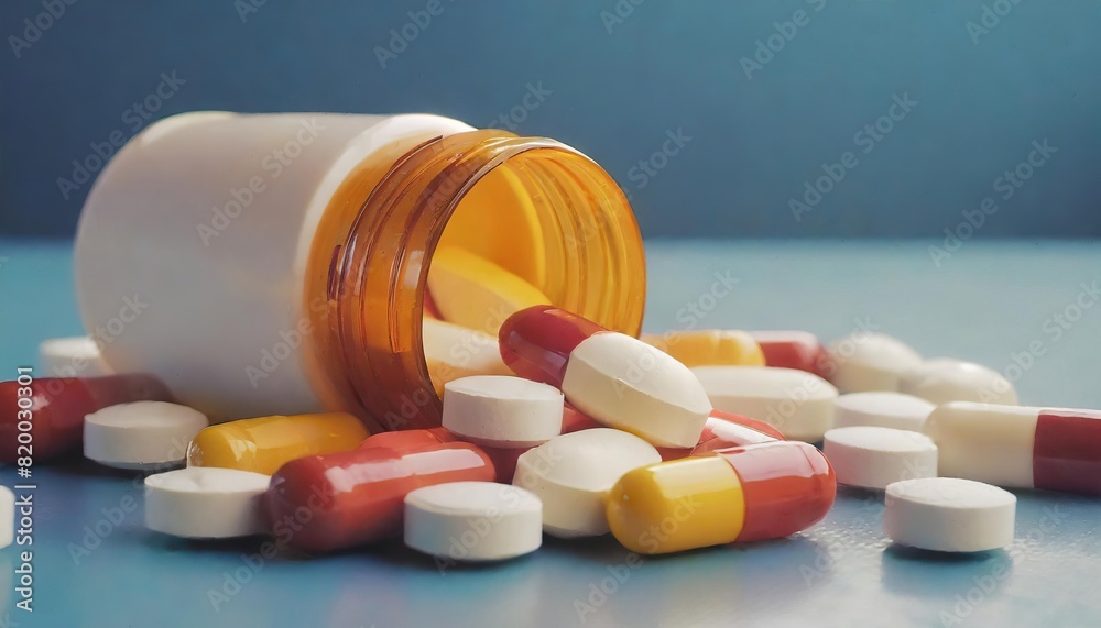 Pharmaceutical medicine pills and capsules spilling out of pill bottle on blue background Pharmaceutical medicine pills and capsules spilling out of pill bottle on blue background