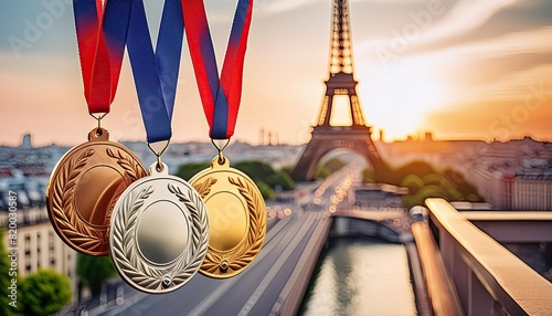 medals against the backdrop of Paris with the Eiffel Tower in a blurred background photo