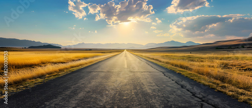 The open road stretches towards distant mountains under a vast sky at sunset, emphasizing remoteness