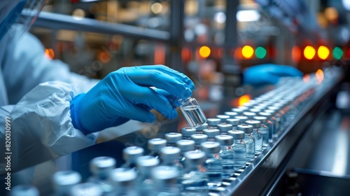 A lab technician in a pharmaceutical production line manages vials ensuring quality control and safety. The workplace is crucial for medical and scientific research and innovation