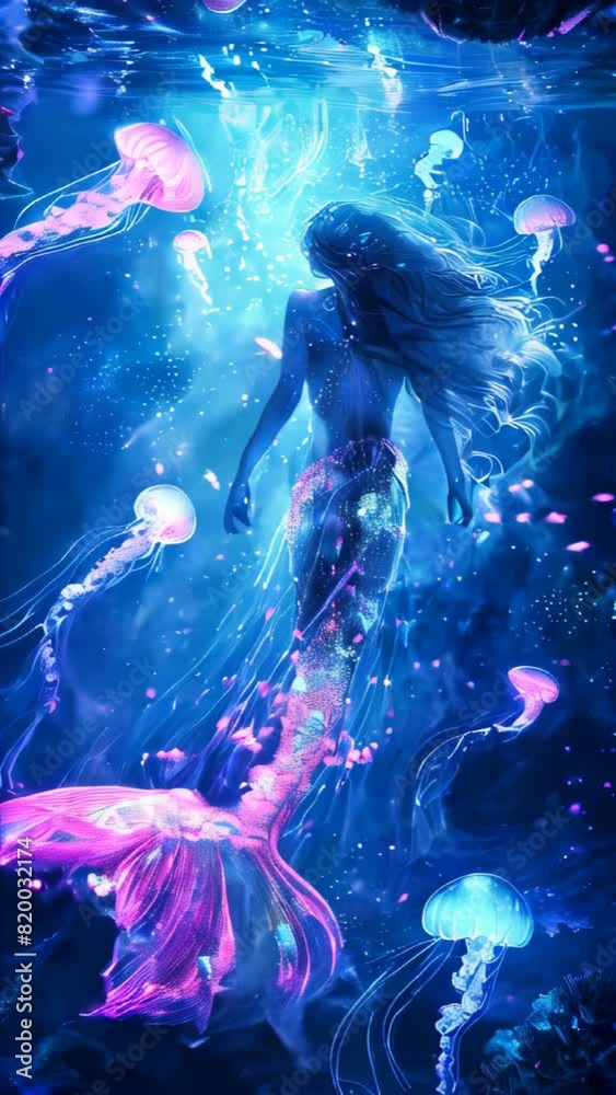 A mystical mermaid swimming in the ocean surrounded by jellyfish
