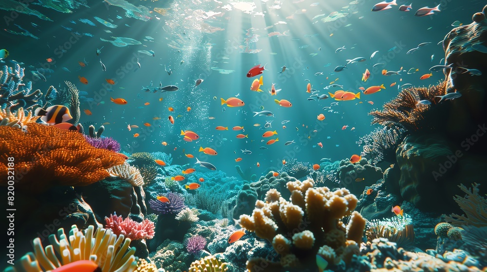 Naklejka premium Coral reef underwater, vibrant fish and corals, clear turquoise water, sunlight piercing through, closeup view, dynamic and colorful