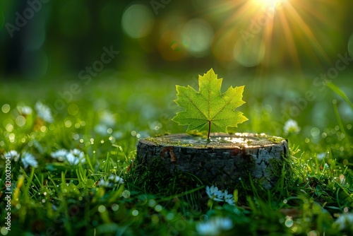 Digital artwork of studio style , a green leaf floating on a stump in grass