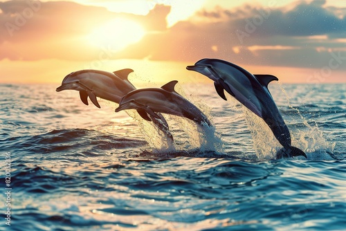 Dolphins Jumping at Sunset © TAHIYA