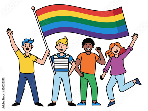 LGBTQ people celebrate with Pride Rainbow flag on white background. PRIDE month.
