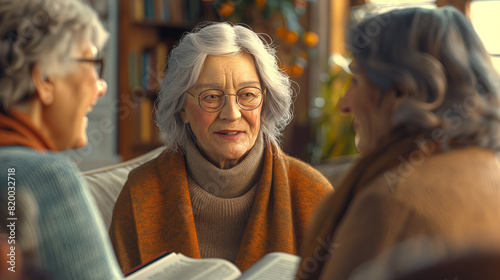 Elderly Woman Enjoying a Book Club Discussion with Friends