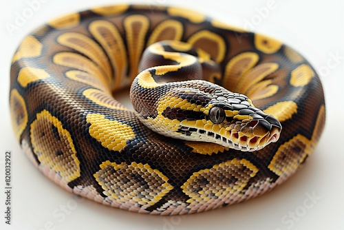 A large, yellow and black ball python on a white background © Picasso