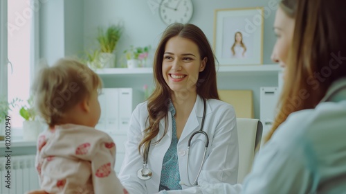 A pediatric doctor consultation in a medical office typically involves a child and their parent. It includes a friendly healthcare interaction, doctorpatient conversation, checkup, and quality care