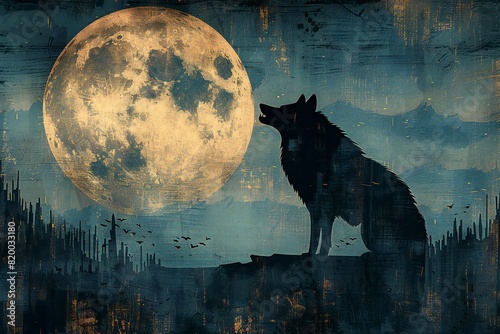 Digital artwork of  image of a wooden wolf silhouette howling at the moon photo