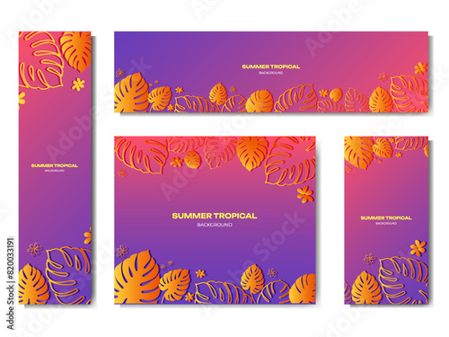 A set of colorful summer web banners with tropical plants. Vector illustration