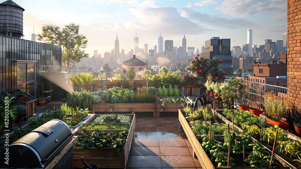 Fototapeta premium An urban rooftop garden with raised beds full of vegetables, city skyline in the background, a person watering plants Early morning light, wideangle shot
