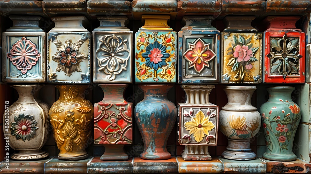 A row of decorative ceramic tiles, each displaying a unique pattern, set against a solid background