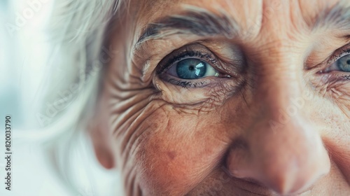 Closeup Shot of an Eyes of Beautiful Senior Woman Looking at Camera and Smiling Wonderfully Gorgeous Looking Elderly Grandmother with Natural Beauty of Grey Hair Blue Eyes and Cheerful : Generative AI