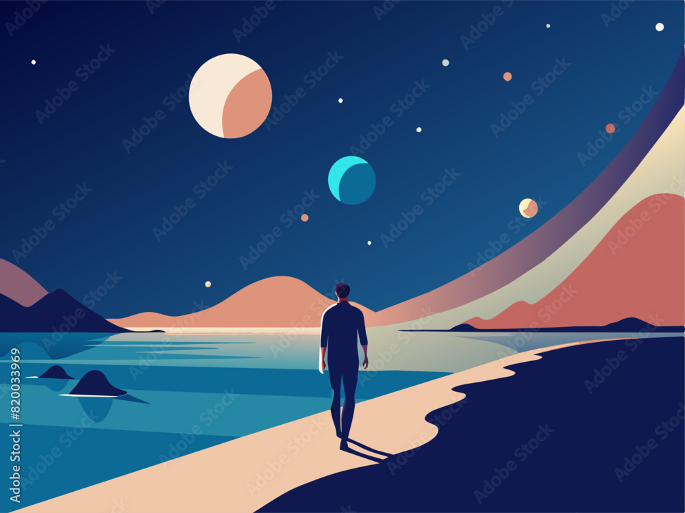 Surrealistic collage. A person walks along the ocean against the background of stars and galaxies Surrealistic collage. A person walks along the ocean against the background of stars and galaxies