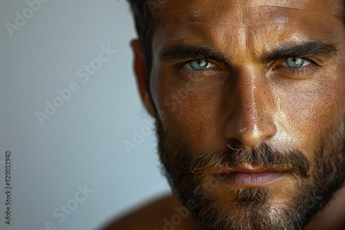 Stocky man, close-up portrait, professional photoshoot, isolated on white background  photo