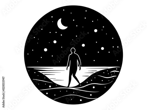 Surrealistic collage. A person walks along the ocean against the background of stars and galaxies