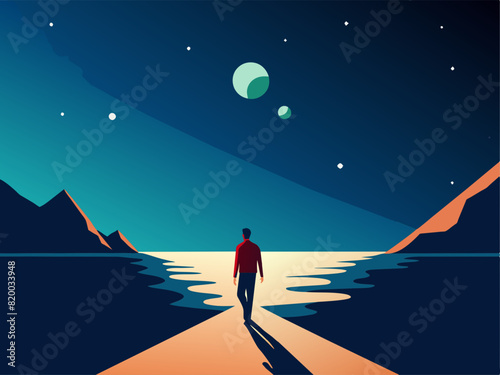 Surrealistic collage. A person walks along the ocean against the background of stars and galaxies