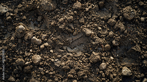 High-resolution photograph capturing the detailed surface of loamy soil from above, revealing its moist, nutrient-rich qualities perfect for gardening and farming visuals