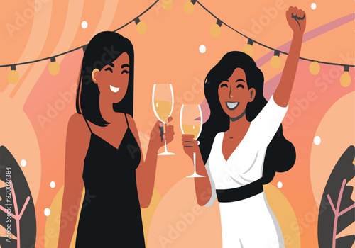 Two women are celebrating with wine glasses