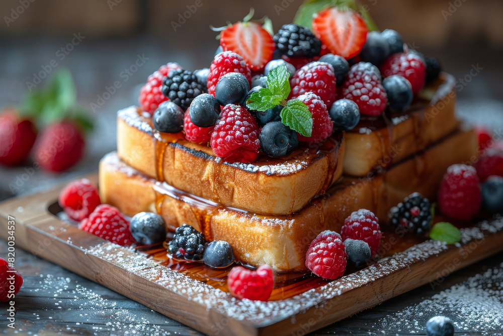 Delicious Stack of French Toast Topped with Fresh Berries and Syrup Delicious Stack of French Toast Topped with Fresh Berries and Syrup