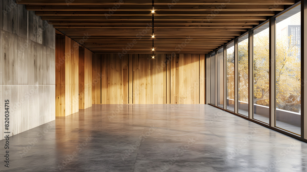 Contemporary architecture featuring an empty room with wood paneling and concrete floors, lit by warm natural light