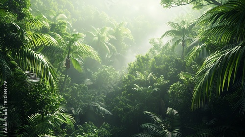 Dense jungle foliage  morning mist  wide shot  lush greens