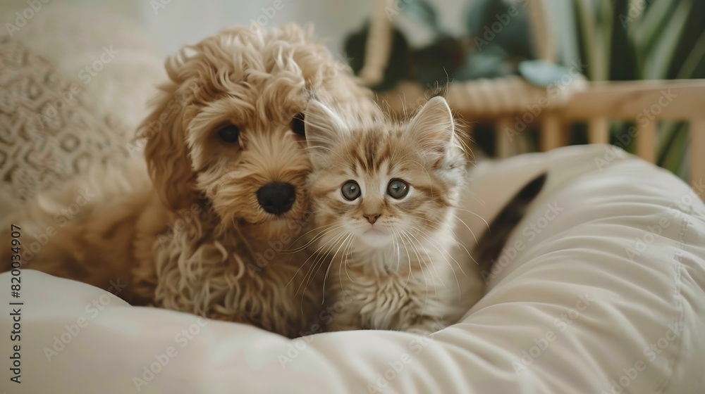 Beautiful dog and a small cat are sitting on a soft white pillow A kitten and a puppy together at home Cozy home concept : Generative AI
