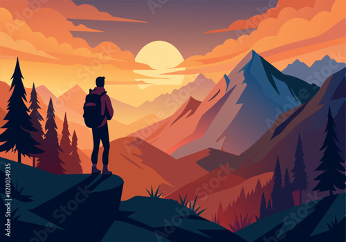 A man is standing on a mountain top, looking out at the sunset