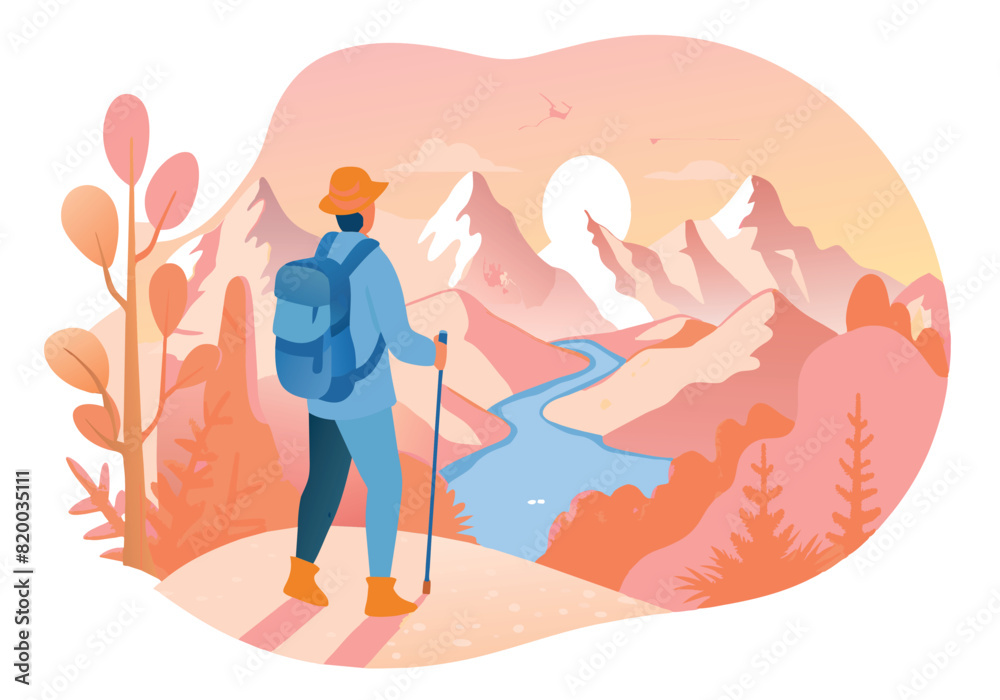 A man is walking on a mountain trail with a backpack A man is walking on a mountain trail with a backpack