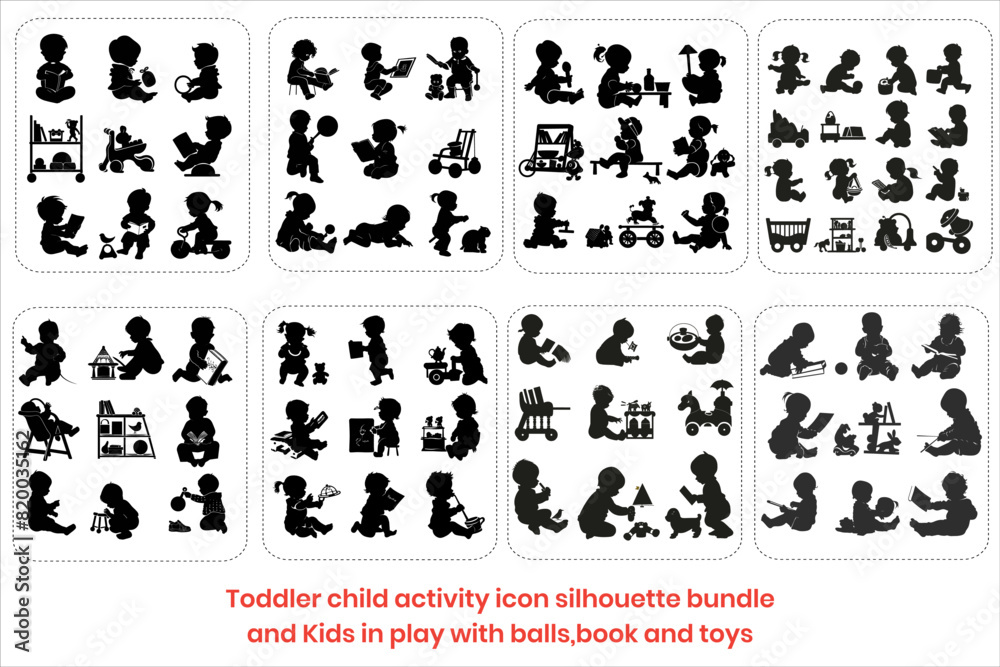 Toddler child activity icon silhouette bundle and Kids in play with balls, book and toys Toddler child activity icon silhouette bundle and Kids in play with balls, book and toys