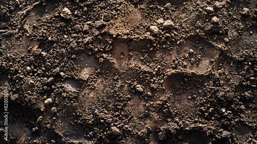 High-resolution photograph capturing the detailed surface of loamy soil from above  revealing its moist  nutrient-rich qualities perfect for gardening and farming visuals