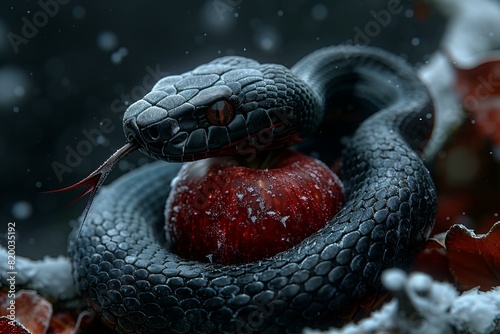 Depicting a black snake eating an apple with frosted tree and dark background